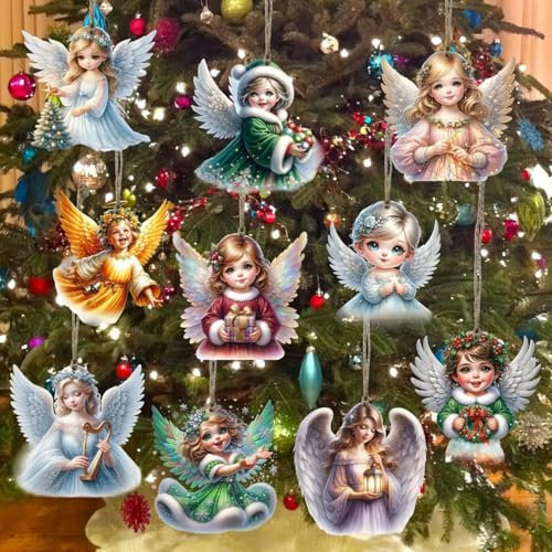 Set di 10 ornamenti per albero di Natale, in legno, a forma di angelo, piccoli angeli di Natale, da appendere, per artigianato, feste, decorazioni