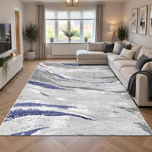 renoazul® Jute Back Living Room Rugs Large - Jeze Abstract Blue Rug - 240 x 320 cm - Washable Extra Large Rugs For Bedroom, Sitting and Dining Room
