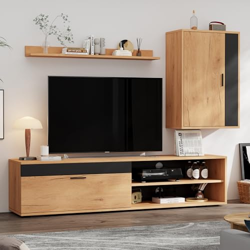 Merax Wohnwand Wohnzimmer 3-Teilig Set, Wohnzimmer Möbel Set, TV Lowboard, Wandregal, Wandschrank, Hängend oder Stehend, Wohnzimmermöbel Komplett, Elegante Schrankwand, Mediawand, Holzfarbe & Schwarz