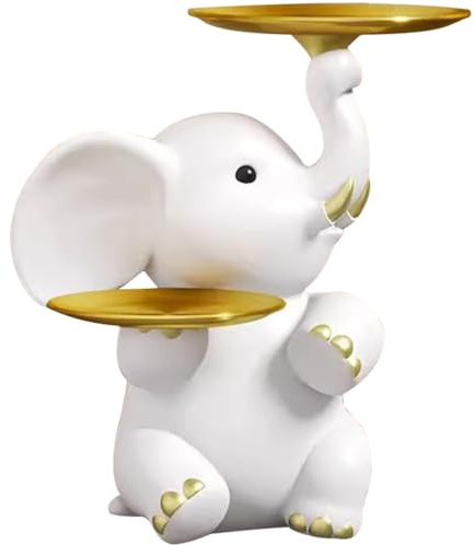 Estatua Creativa De Elefante De Pie con Bandeja,Bandeja Ornamental De Resina para Celebraciones De Tiendas,Soporte Escultórico De Almacenamiento para El Hogar(Blanco)