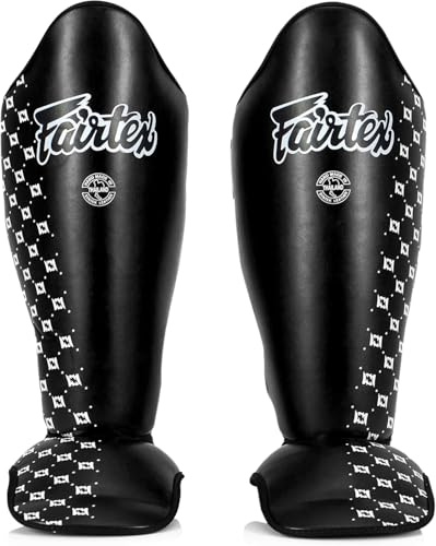 Fairtex SP5 Muay Thai Schienbeinschoner für Männer, Frauen, Kinder | Hochwertig, leicht & langlebig | Erweiterter Schutz gegen Schienbeinschmerzen beim Training oder Sparring(Large-Schwarz)