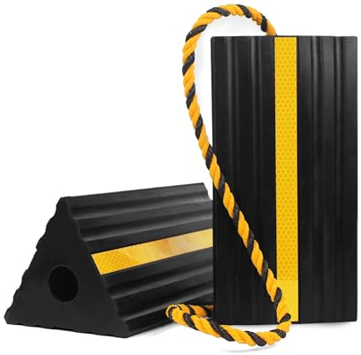 MaxxHaul 50019 Heavy Duty 3-Sided Rubber Wheel Chock with Yellow Reflective Strips and Nylon Rope and Non-Slip Base - 1 Pair