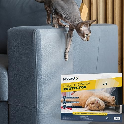 PROTECTO Kratzschutz Sofa Katze - 4-Pack 40x30 cm Selbstklebende Anti Kratz Folie für Katzen - Transparentes Klebeband für Sofabeine und Ecken - Kratzfester Sofa Katzenschutz