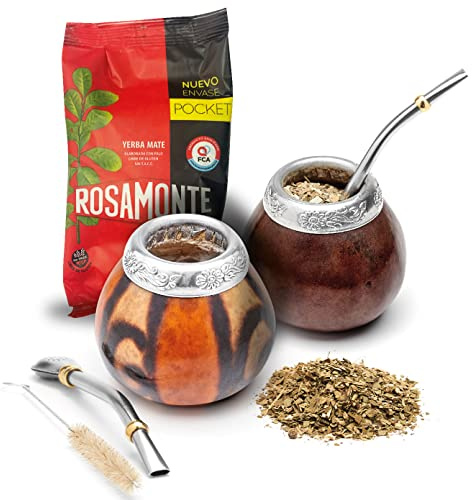 BALIBETOV Set of 2 Yerba Mate Gourd and 1 Pack of 100gr - 3.5oz of Yerba Mate - 2 Mate Cups, 2 Bombilla, 1 Cleaning Brush, 1 Loose Leaf Yerba Mate Bag (Dark Brown - MAT02)
