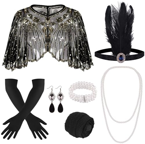 FEPITO Set med accessoarer, 1920-tal, 10 delar, pannband med fjädrar, Great Gatsby-tillbehör, glada tjugotalet, pannband, huvudbonad, långa svarta handskar, halsband, örhängen för kvinnor (aprikos,
