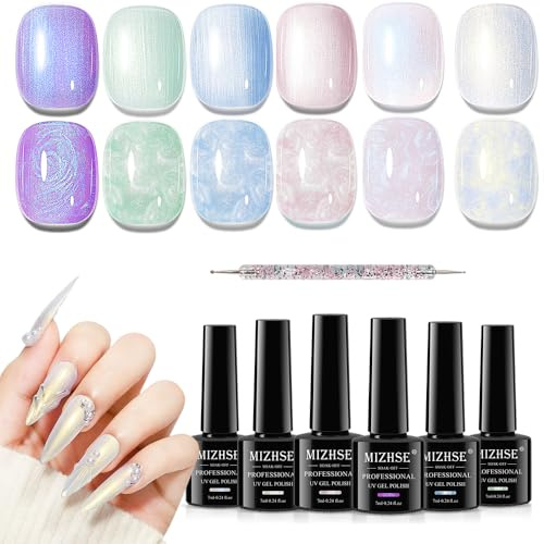 MIZHSE UV Nagellack Pearl, UV Gel Set, 6 farben, Pearl Schimmernd Nagelgel, Nagellack Set für Nageldesign/Nail Art, Aurora Shimmer Effect, 7ml x 6