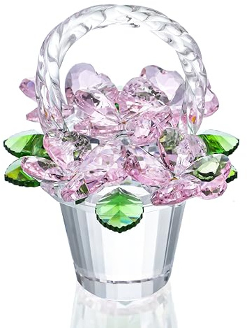 H&D HYALINE & DORA Crystal Pink Flower Basket Figurine,Crystal Gifts for Women, Glass Flower Collectible Figurines for Home Wedding Christmas Decor(with 5 Flowers)