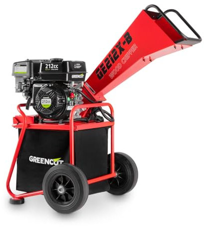 GREENCUT GE212X-B - Biotrituradora de Gasolina 212cc, Tritura Ramas Hasta 50mm, Saco de 64L, con Ruedas y Asa para Transporte