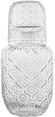 Vintage Bedside Water Carafe and Glass Set for Bedroom Nightstand, Bedside, Ticked Glass Mouthwash Decanter for Bathroom, Water Pitcher Set 18.5 oz