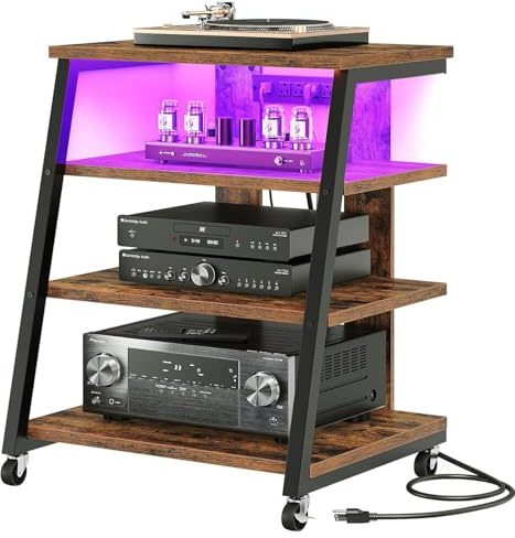 CHOEZON 4-Tier AV Media Stand with Wheels, Stereo Stands, Media Console Shelf with Power Strips, LED Lights, Wooden Audio Cabinet Rack Tower, Rustic Brown and Black TCJ60UDBF