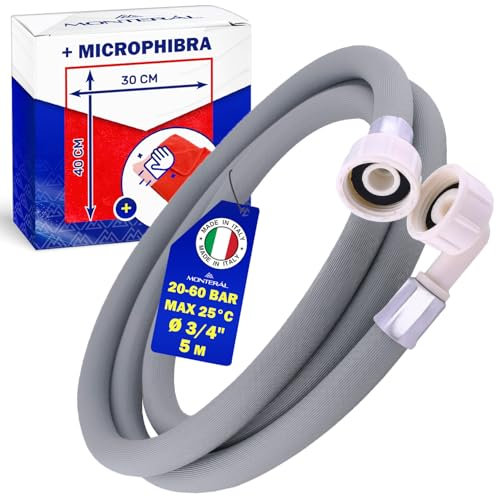 Manguera Lavadora y Lavavajillas 5 m para Entrada Agua 25°C Presión de 20 a 60 Bar Conexión Recta y Ángulo Ø 3/4 - Completo con Bayeta Microfibra - MADE IN ITALY - MONTERAL
