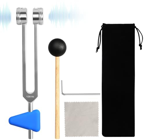 Diapason 128 Hz - Diapason thérapeutique - Avec marteau en silicone - Outil de réparation et diapason triangulaire en silicone et alliage d'aluminium - Emballé dans une pochette en velours souple