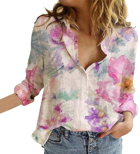Qixiu Chemise à Manches Longues boutonnée à imprimé Floral pour Femmes, Chemisiers Graphiques décontractés à col en V Floral Salopette Homme Rouge