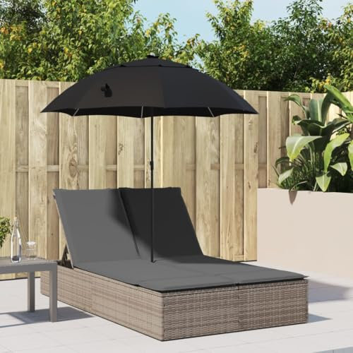 Snsowed Doppel-Sonnenliege mit Kissen & Sonnenschirm Grau Poly Rattan, Gartenliege, Liegestuhl, Sonnenstuhl, Sonneninsel Outdoor, Liegen, Gartenmöbel, Bäderliege, Relaxliege - 368083
