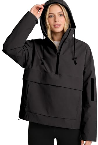 PUFFIT Rain Jacket Women, Women’s Lightweight Anorak Pullover Hoodie Jacket, Water, Resistant, Black, M