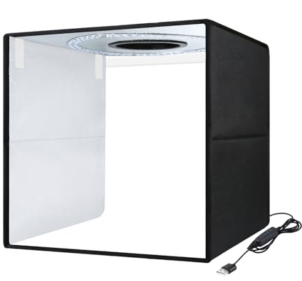 Andoer Tenda a LED pieghevole 40 x 40 x 40 cm, scatola luminosa per studio fotografico con softbox dimmerabile, 3200 K-6500 K, 3 modalità di illuminazione e 10 livelli di luminosità, inclusi 6 sfondi