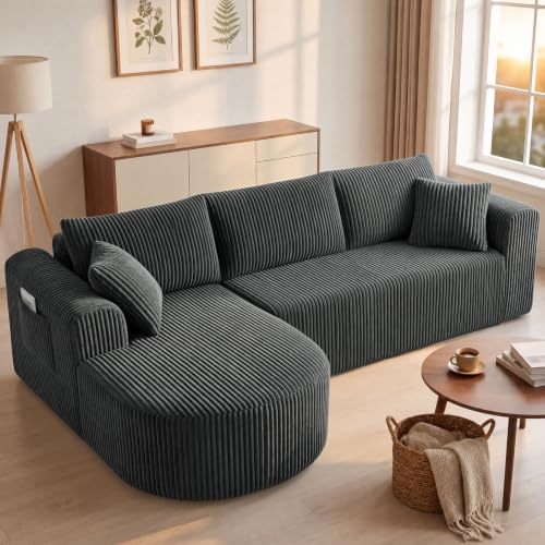 COMHOMA Hörnsoffa med sovfunktion, 243 cm, corduroy, modulär boneless soffa med schäslong, L-formad bäddsoffa, sektionssofa med kudde och sidofickor, soffa för vardagsrum, ingen montering, grå