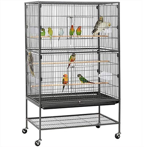 Yaheetech Grande Cage Oiseau sur Pied Volière Canaries Perroquet Grosses Perruches Cacatoès Ara Cage Oiseaux sur roulettes 2 Étages avec Support 79 x 52 x 132 cm