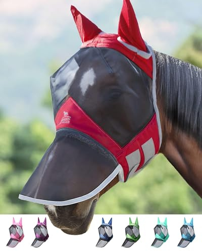 Harrison Howard CareMaster Pro Luminous Horse Fly Mask Large Eye Space Long Nose with Ears UV Protection for Horse Red Full Size