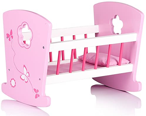 Leomark Puppen Wiege aus Holz - Pink Schmetterlinge - Puppenwiege mit Bettwäsche, Kissen Matratze, Puppenmöbel für Kinder, Puppenbett Pinke Farbe