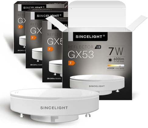 SINCELIGHT GX53 Bombillas LED, 7W, forma de disco, reflector esmerilado, color rico RA≈92, Blanco Frío 6000K, Retrofit los accesorios GX53 en la cocina, armarios, debajo del estante, 4 Piezas