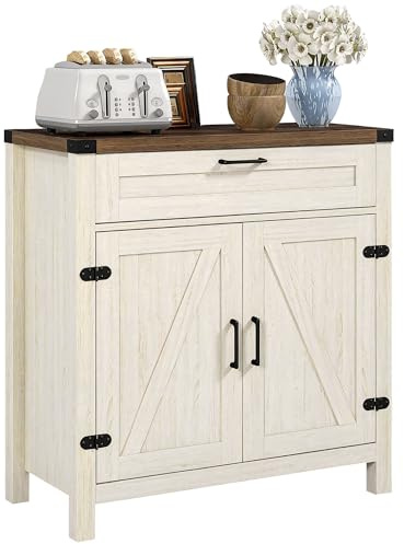 HOMCOM Sideboard with Storage Drawer, Modern Farmhouse Kitchen Cabinet with 2 Barn Doors, Coffee Bar Cabinet, Distressed White