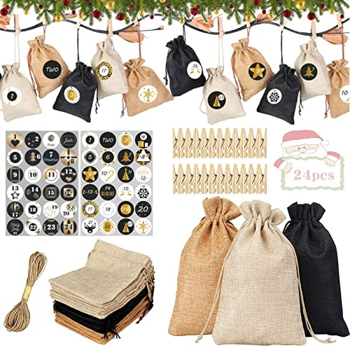 24 jutesäckar, adventskalender för fyllning, adventskalender för män och kvinnor, barn, juladventskalender, tygpåse med dragsko med 24 träklämmor, 10 m hamparep och 48 klistermärken
