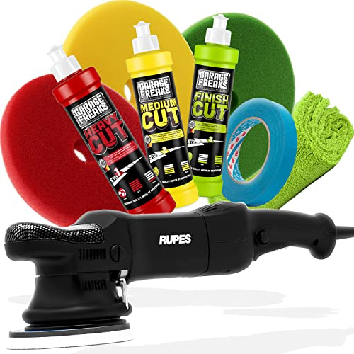 Detailmate Polerset: Rupes excentrisk polermaskin LHR15 ES + garage Freaks Made av menzerna bil polering poleringsdynor 150 mm 3 m band polerduk - professionell polering för bil och motorcykel lack