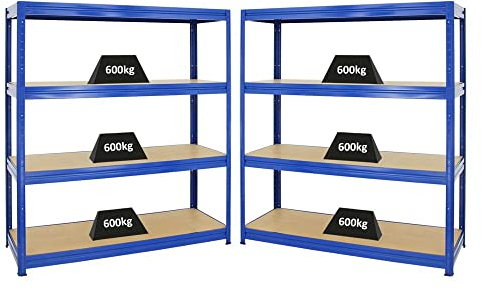 PROREGAL Mega Deal 2er-Sparset Profi-Schwerlastregal Dino HxBxT 180x160x60cm Fachlast 600kg Blau, Kellerregal, Steckregal, Garagenregal, Lagerregal