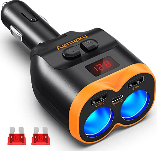 Aemeku PD20W USB-C QC3.0 Fast Charger Car Adapter 120W 2-Socket Cigarette Lighter Adapter 12/24V with Dual USB-A Separate Switch LED Voltmeter Replaceable Fuse for GPS/Dash Cam/Phone/iPad