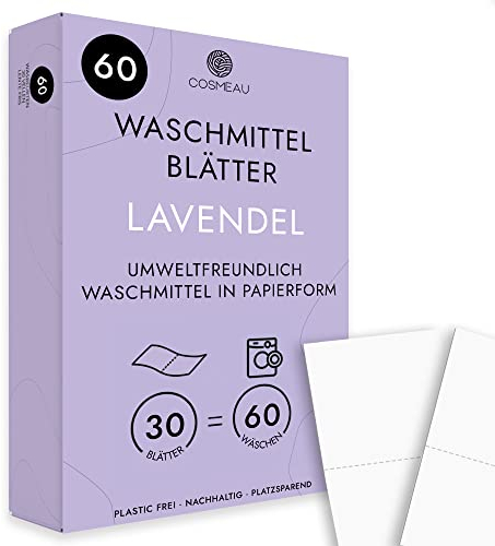 Cosmeau Waschmittel Blätter Lavendel - bis zu 60 Waschgänge (60 Blätter) - Nachhaltiges Waschmittel für Weiß, Farbe und Schwarz - Plastikfrei, Abbaubar & Perfektes Reisewaschmittel