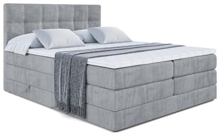 ALTDECOR Boxspringbett mit Matratze und Lattenrost, Topper, Polsterbett mit Bettkasten, Bett mit Stauraum H3- und H4- Matratze, Doppelbett, Springboxbett - Marce King - 180x200 - Grau Samt