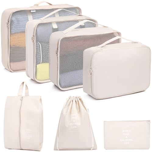 SUPERBE Koffer Organizer 7-teilig, Packing Cubes, Leichte Reisegepäck-Organizer, Wasserdicht, Platzsparend, Travel Essentials (Beige)