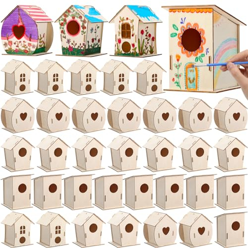 DoubleFill 100 Pcs Bulk Wooden Bird Houses Kits for Kids DIY Crafts and Arts Unfinished Wood Birdhouse to Paint Birthday Gifts for Easter Crafts Class Parties, 4 Styles