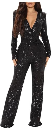 Sequin Jumpsuit for Women UK V Neck Long Sleeve Romper Sparkly Glitter Playsuit Ladies Elegant Wedding Party Clubbing Rompers Office Evening Trousers Glitter Bling Clubwear