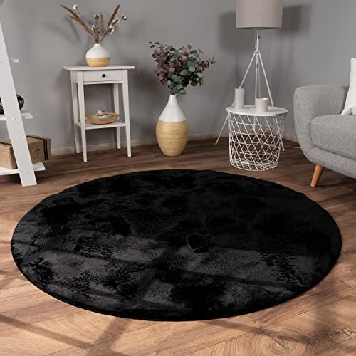 Paco Home Teppich Wohnzimmer Kunstfell weich waschbar modern elegant pflegeleicht Felloptik Uni Seidenglanz flauschig Kurzflor, Grösse:Ø 100 cm Rund, Farbe:Schwarz