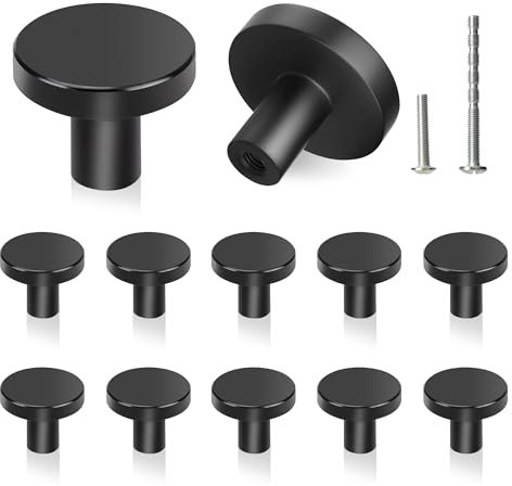 YSDMY 12 Pcs Black Cupboard Knobs and Handles - 30mm Round Antique Pull Handle for Wardrobe Furniture Hardware - Two Sizes of Screws Included