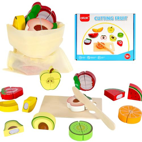 GOTRUST 12pcs Kinderküche Zubehör Essen, Holz Küchenzubehör Kinder ab 2 3 4 5, Holzspielzeug Küche Lebensmittel, Küchenspielzeug Schneiden Holz Obst zum Schneiden für Rollenspiele