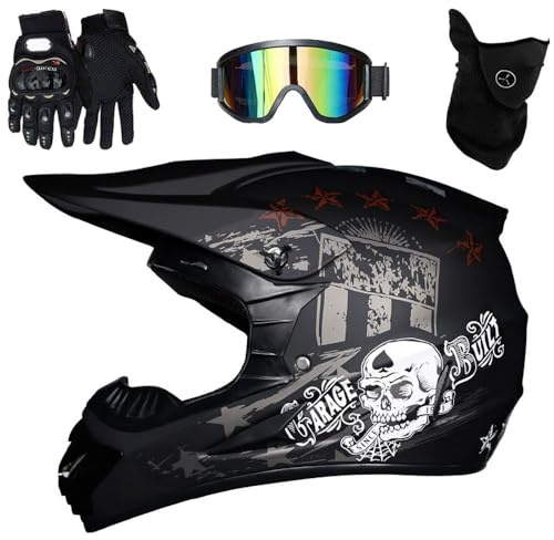 Intégral Casque Motocross avec Lunettes Gants Masque, Adulte Jeunesse Hors Route VTT Scooter Moto Casque, BMX Quad Moto Cross Accident Casque, Approuvé par Le Dot(F5,L(56-57cm))