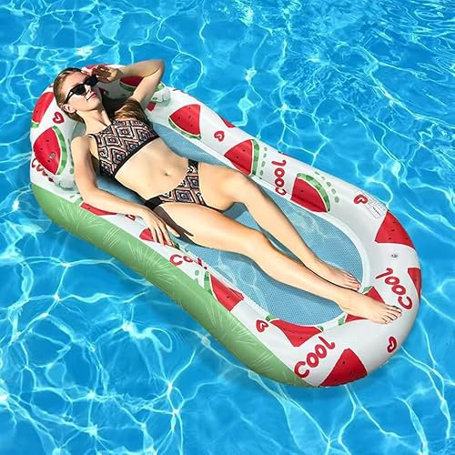 Flotadores inflables, Tumbona con reposacabezas,colchón Inflable, Tumbona Flotante para Piscina, Cama de Aire, Hamaca de Agua, Silla de Piscina, Lago y Playa (Sandía)