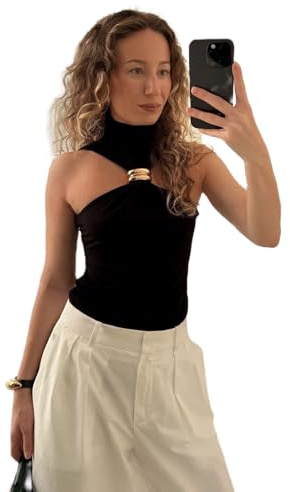Yoisdtxc Women's Halter Neck Tops Stylish Ring Design Slim Fit Bare Shoulder Sleeveless Tank Tops (Black, S)