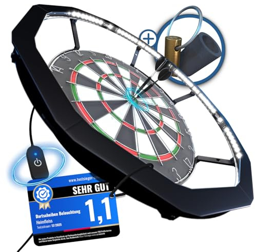 Heimfleiss® 360° Dart Beleuchtung | Blendfreie Dartscheibe Beleuchtung mit Ultra-Light-LEDs | Dart Lichtring + Schaft Entferner & Spitzer | Dartboard Beleuchtung | LED Darts Licht