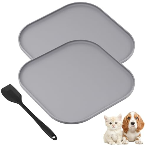 Hahorpa 2 Stück Napfunterlage für Katzen und Hunde, wasserdichte Silikon KatzenNapf und HundeNapf Unterlage, Futtermatte für Katzen und Hunde mit Rand, Napfunterlage mit Silikon Spatel(26 × 26cm)