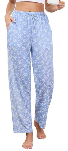 Vlazom Women's Pyjama Bottoms Soft Cotton Lounge Pants Print Wide Leg Long Pj Trouser with Pockets Drawstring Blue Chamomile,XL