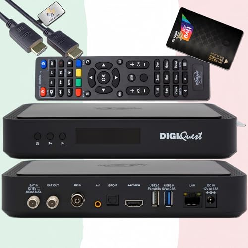 DigiQuest Q99 Récepteur satellite Combo 4K UHD avec carte TiVuSat Noir – Italien TV Rai Mediaset LA7, DVB-S2/T2, HEVC HDR, PVR Ready, LAN, USB, récepteur 4K certifié + câble HTS e-com HDMI
