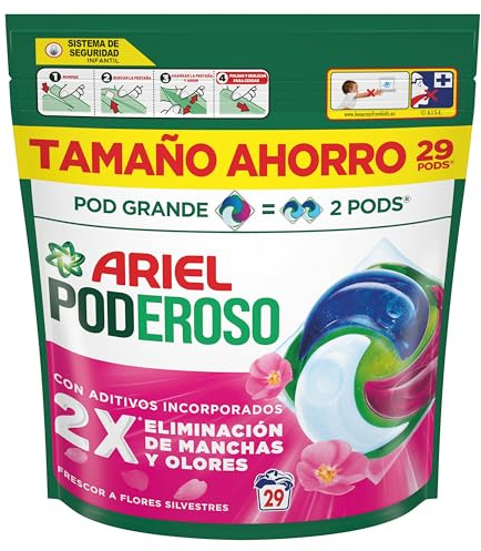 Ariel Pods PODEROSO Detergente lavadora capsulas | 29 Lavados | Frescor Silvestre | POD GRANDE = 2 PODS | 2X eliminación de manchas y olores