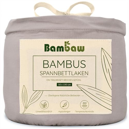 Bambaw Spannbettlaken 90x190 Bambus, 35 cm Steghöhe, 100% Bambus Bettwäsche, atmungsaktive Bettlaken Sommer, hautfreundliche Spannbettlaken Allergiker, kuschelige und kühle Bettwäsche, (Grau)