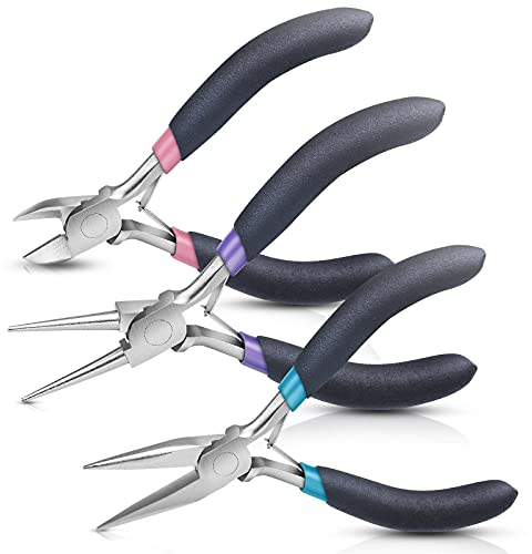 Schmuckzangen-Set, Paxcoo 3-teiliges Zangen-Set zur Schmuckherstellung, inklusive Spitzzange, Rundzange, Drahtschneider für Schmuckherstellung, Drahtwickeln, Bastelarbeiten, Perlenarbeiten