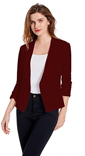 Women's Soft Stretchy Lightweight Cardigan Blazer One Button 3/4 Ruched Sleeve Business Casual Blazer Jackets (XXL, Wine Red)