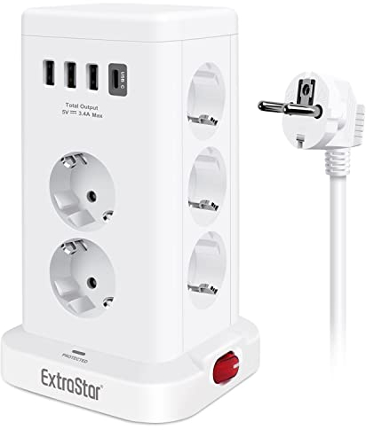 EXTRASTAR 11 Fach Mehrfachsteckdose mit 3 USB A und 1 USB C, Steckdosenleiste mit Schalter, Mehrfachstecker Verlängerungskabel 1,8M für Zuhause Büro, Steckerleiste 16A max.3680W, Weiß